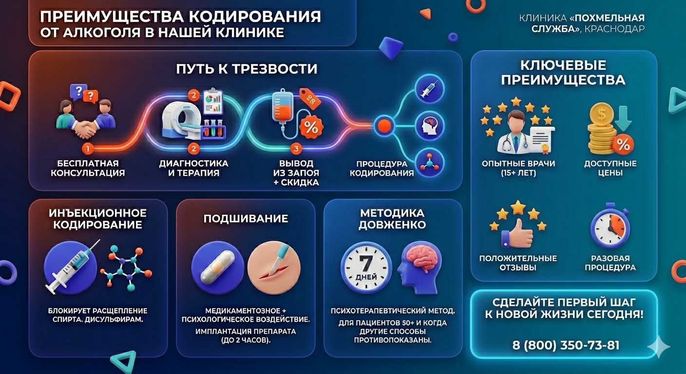 Инфографика о методах кодирования от алкоголя в Льгове: инъекции, подшивание, метод Довженко. Преимущества клиники и этапы лечения.