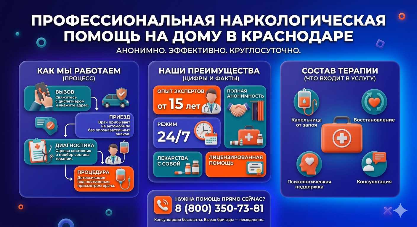 Инфографика о принципах лечения алкоголизма на дому в Льгове: этапы вызова нарколога, преимущества анонимной детоксикации и состав медицинской помощи.